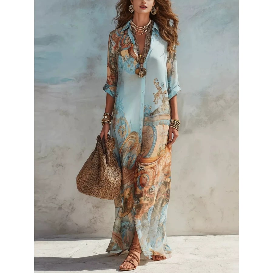 Maxi Summer Dress, Paisley Button Down Shirt Dress Plus Size 2