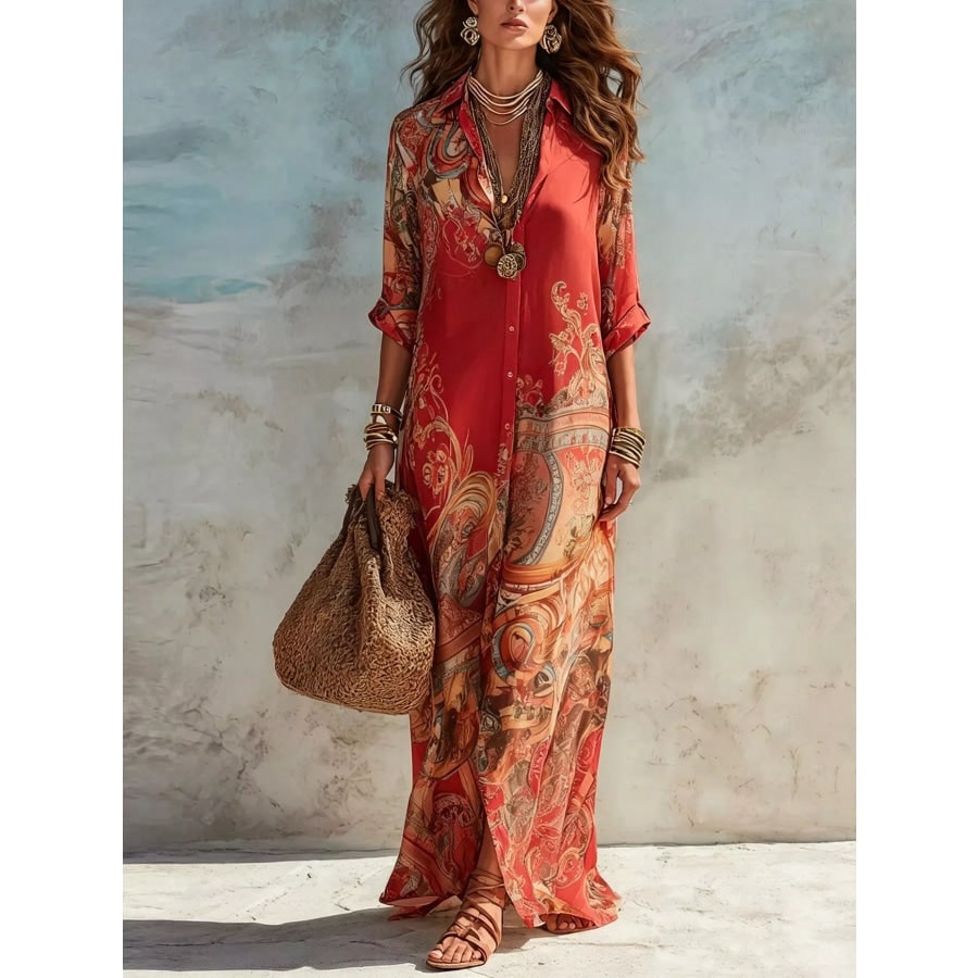 Maxi Summer Dress, Paisley Button Down Shirt Dress Plus Size 5