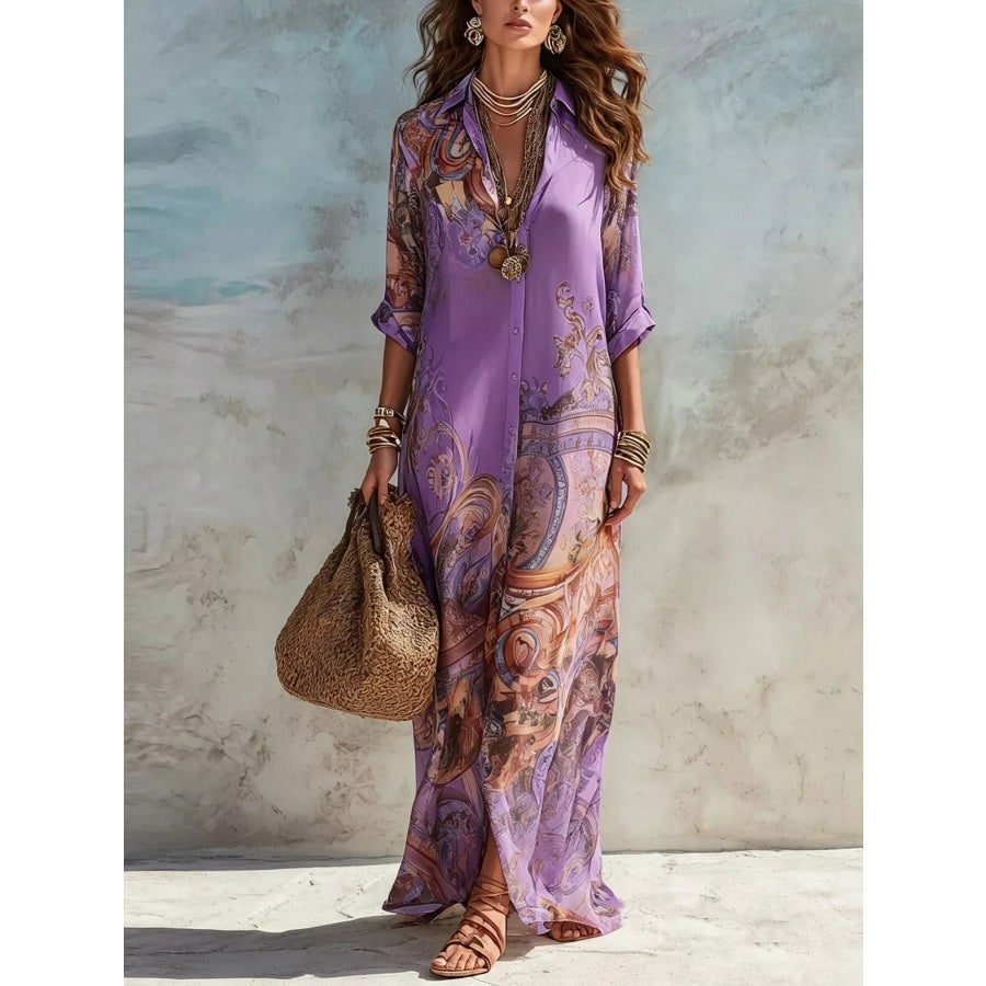 Maxi Summer Dress, Paisley Button Down Shirt Dress Plus Size 8