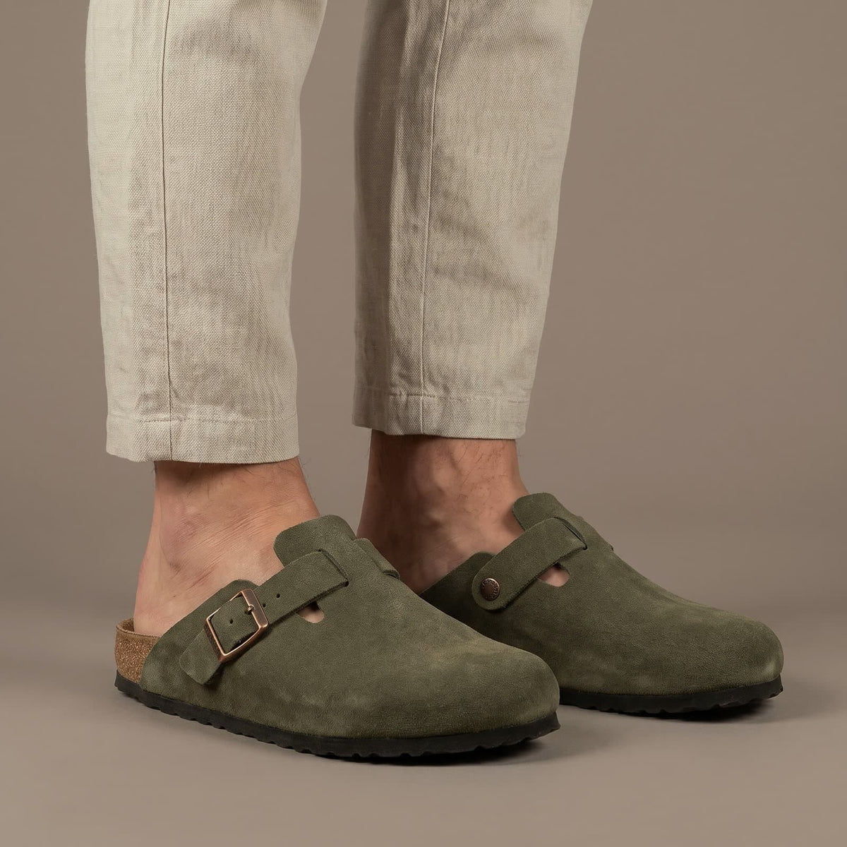 Olive green slip on clog for men with adjustable buckle strap