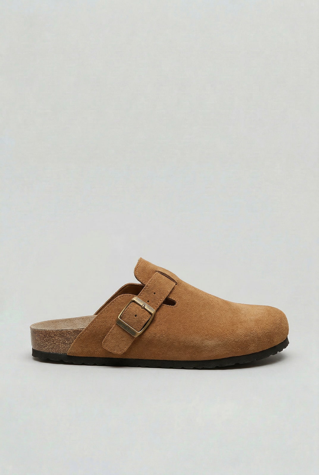 Camel suede look clog with adjustable buckle strap for men