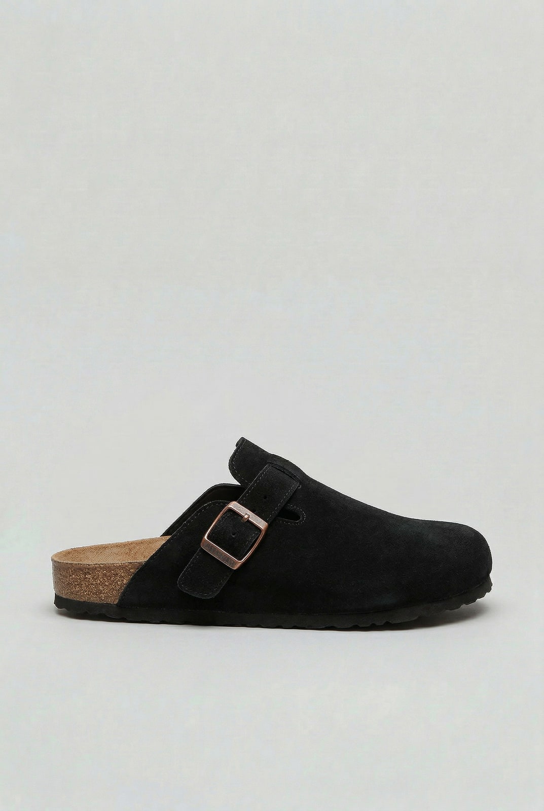 Black suede look clog with adjustable buckle strap for men
