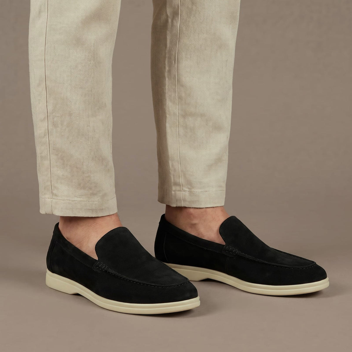 Black suede look slip on loafers for men with round toe