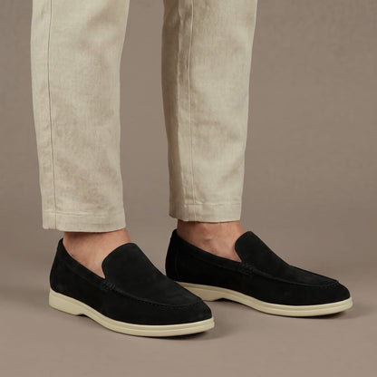 Black suede look slip on loafers for men with round toe