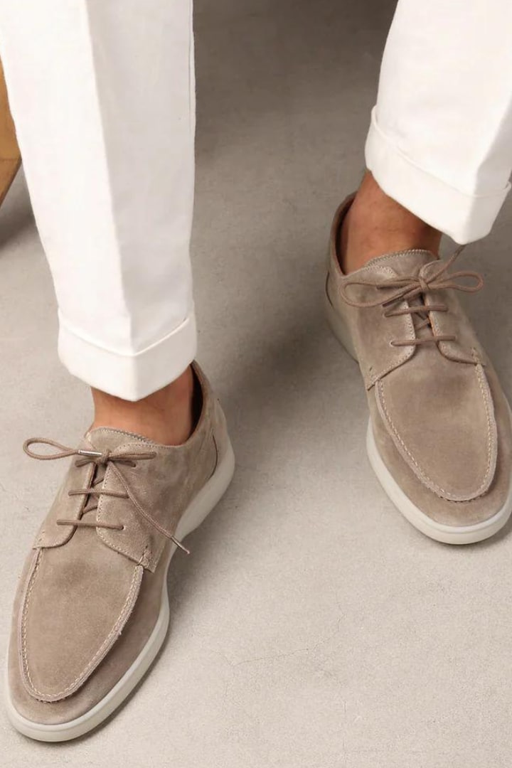 Taupe suede look lace up loafers for men worn with white trousers