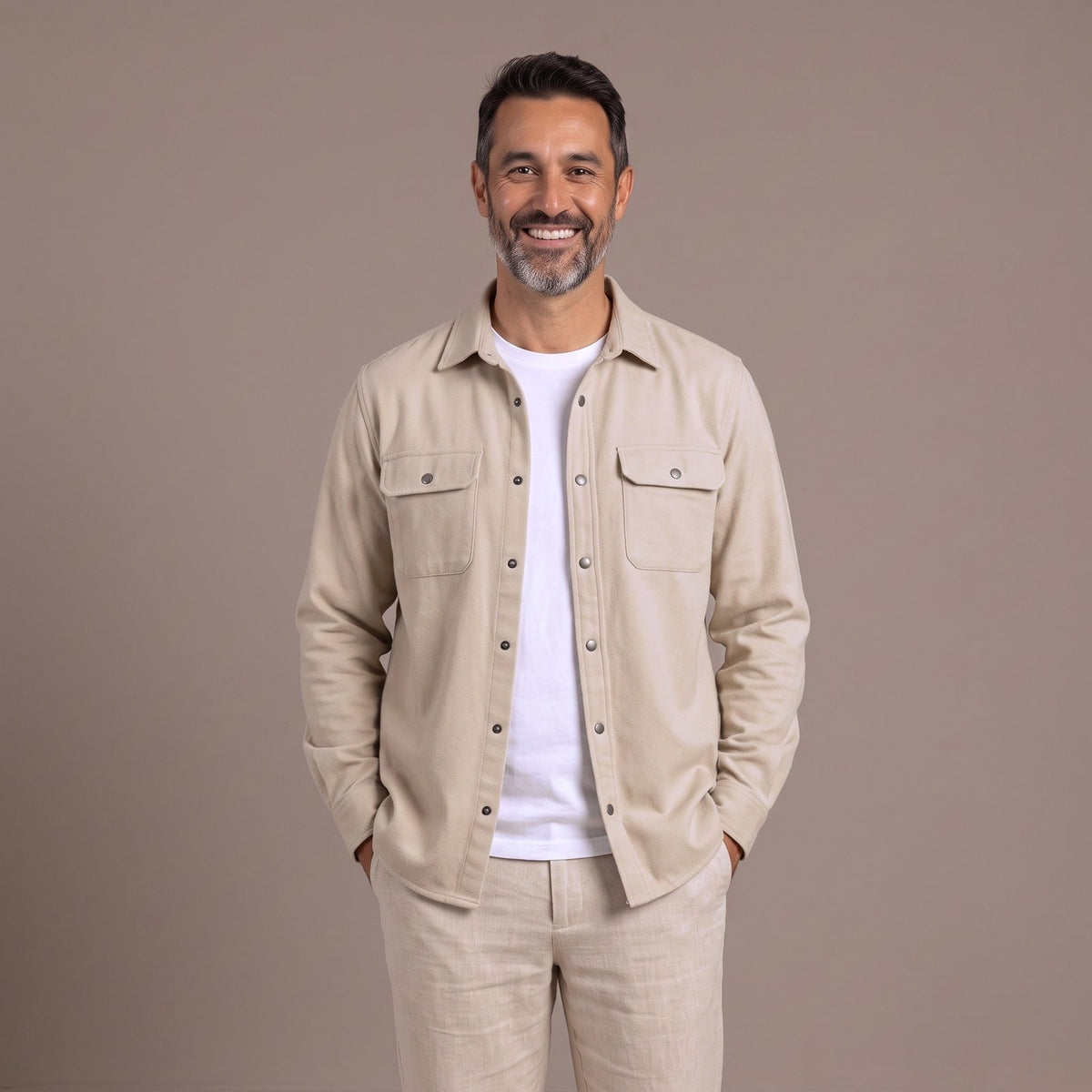 Light beige men overshirt shirt jacket with chest flap pockets
