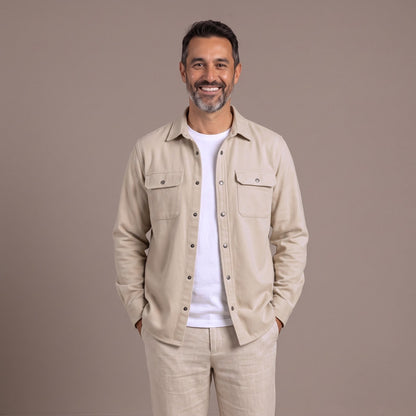 Light beige men overshirt shirt jacket with chest flap pockets