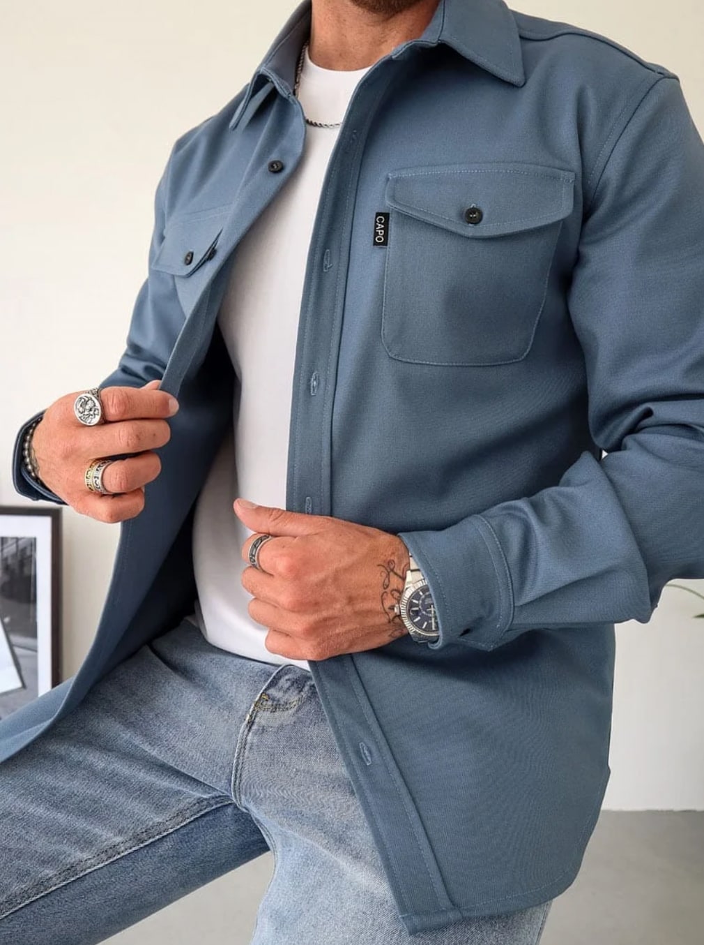 Blue men overshirt with chest flap pocket