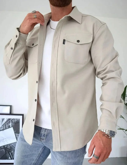 Light beige men overshirt with chest flap pocket