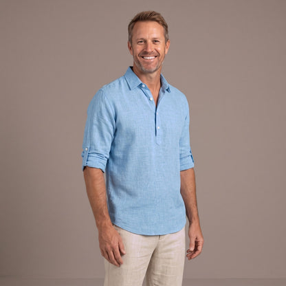 Linen Polo Shirt for Men with Half Button Placket and Roll Up Sleeves