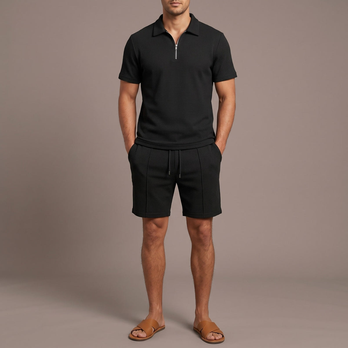 Set for Men Two Piece Zip Polo Shorts Set