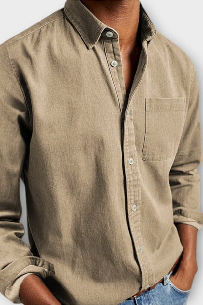 Khaki button up long sleeve shirt for men with chest pocket