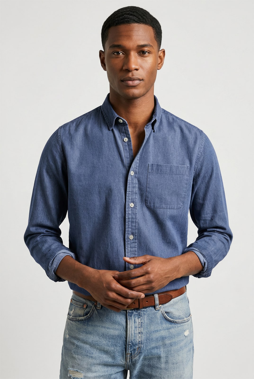 Denim blue button up long sleeve shirt for men with chest pocket