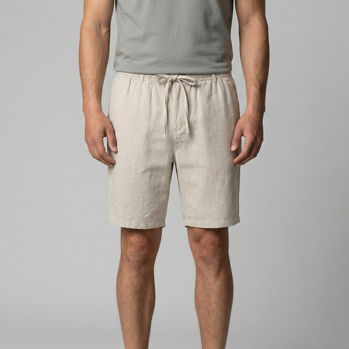 Beige relaxed fit men shorts with drawstring