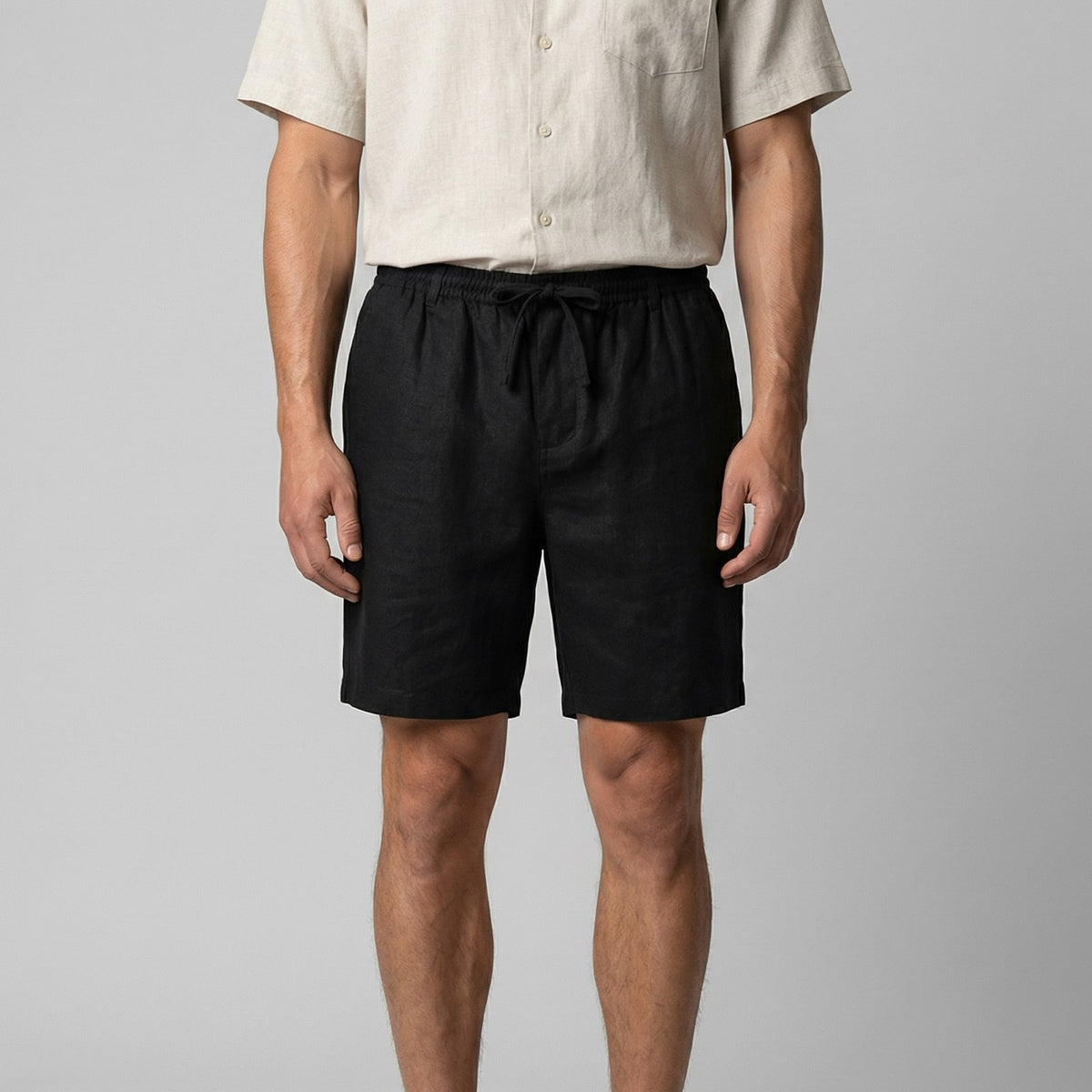 Black relaxed fit men shorts with drawstring