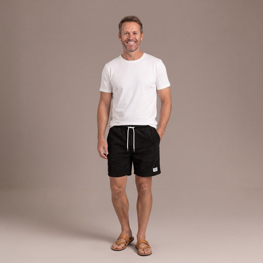 Mens Corduroy Look Swim Shorts in Black with Drawstring Waist