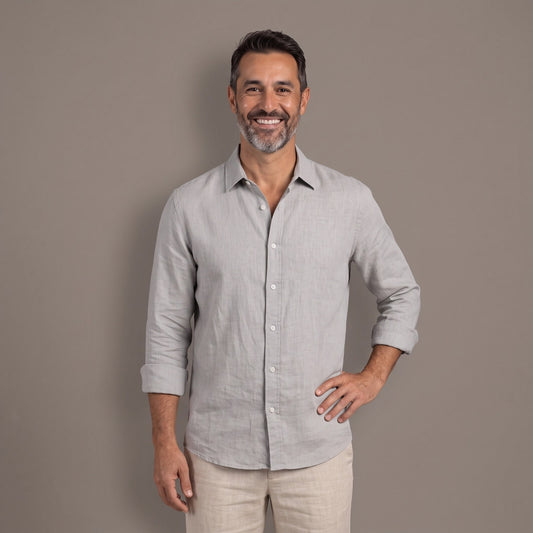 Mens Linen Shirt with Collar and Long Sleeves in Grey