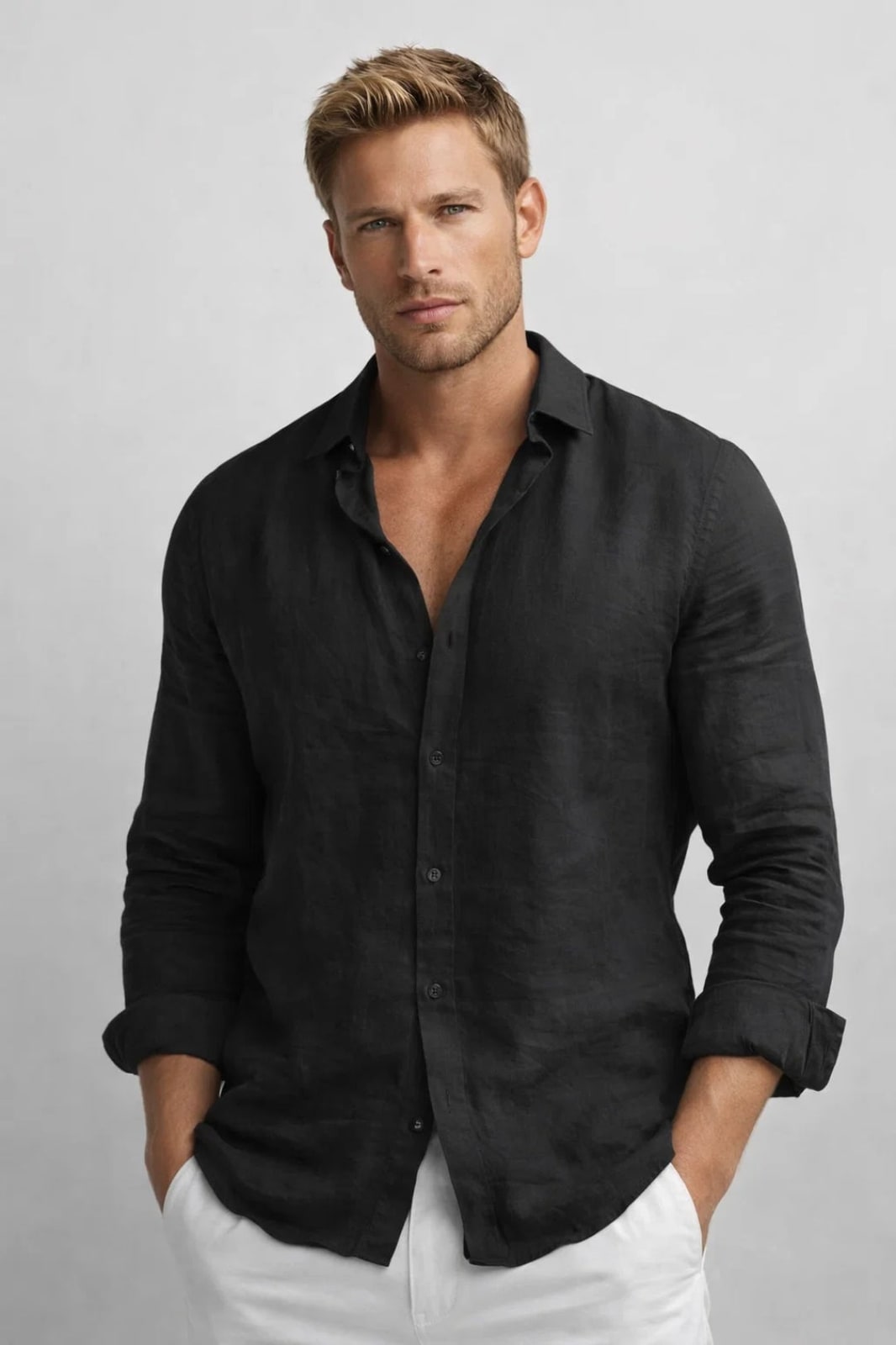 Mens Linen Shirt with Long Sleeves in Black