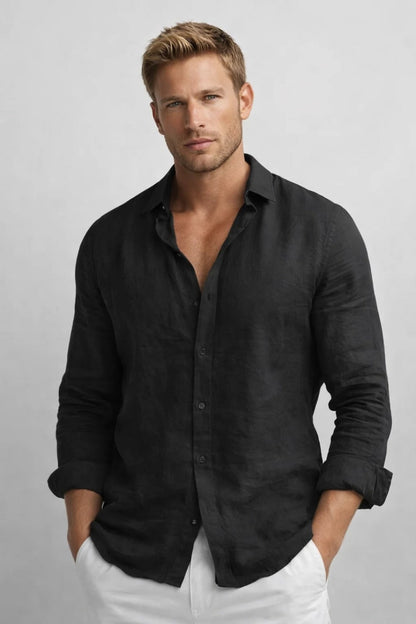 Mens Linen Shirt with Long Sleeves in Black