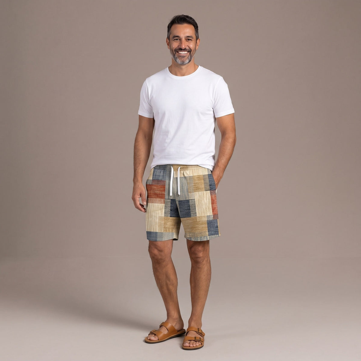 Mens Patchwork Swim Shorts with Drawstring Waist in Khaki