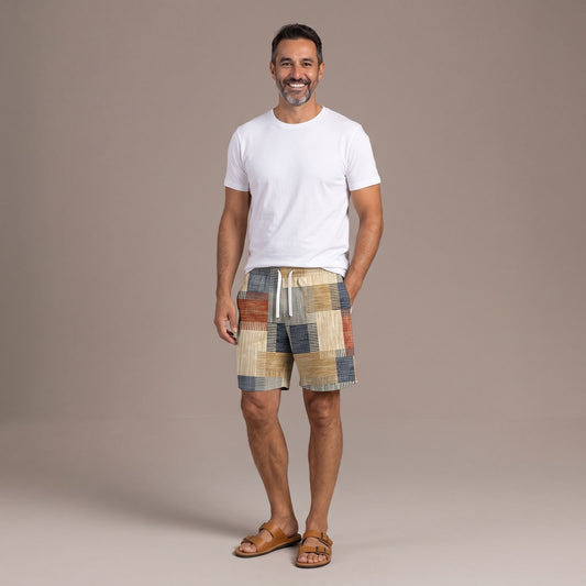 Mens Patchwork Swim Shorts with Drawstring Waist in Khaki