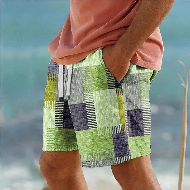 Mens Patchwork Swim Shorts in Lime Green