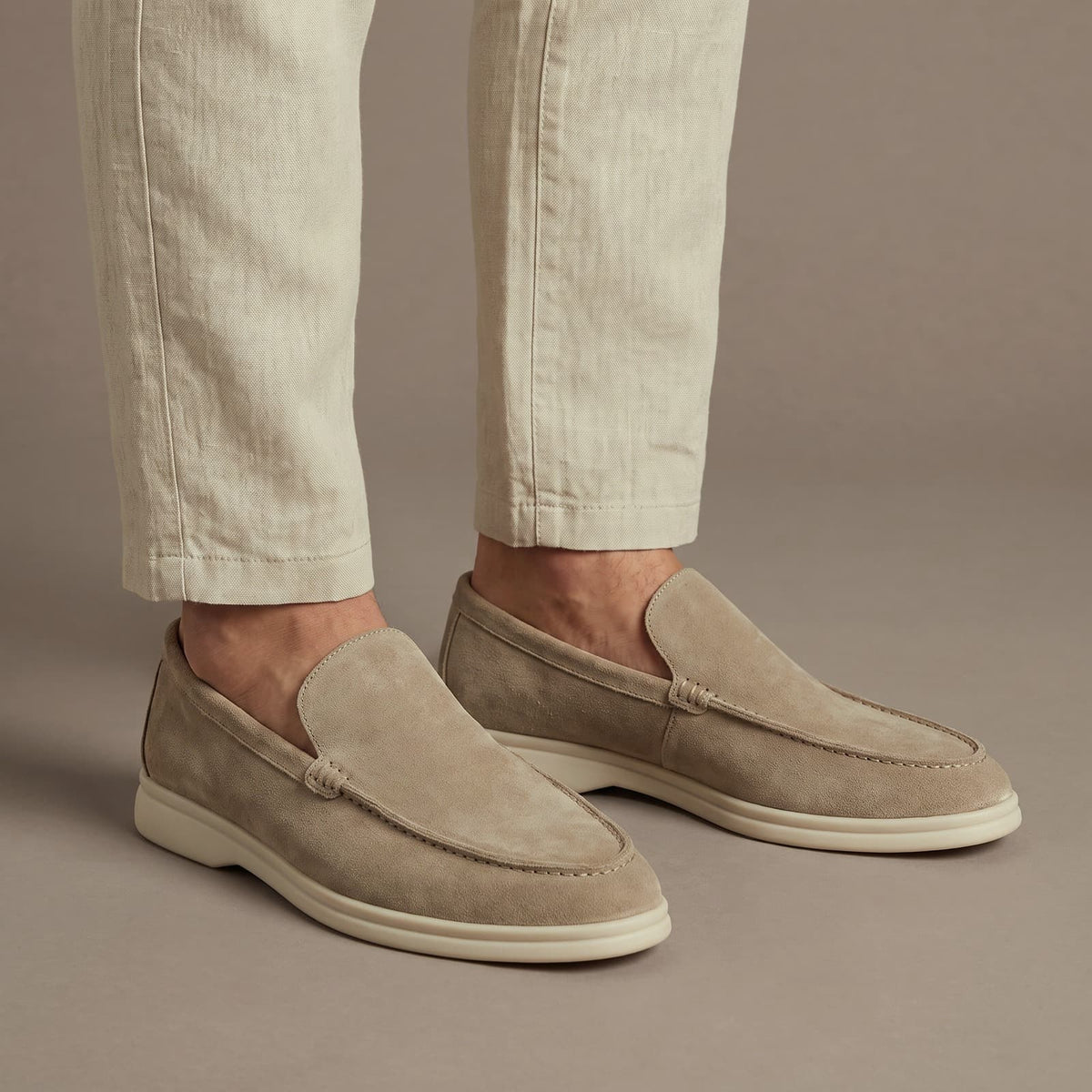 Mens suede loafers with stitch detail in Taupe
