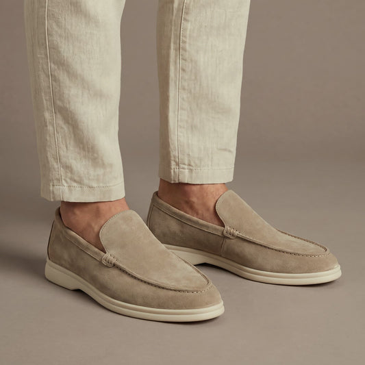 Mens suede loafers with stitch detail in Taupe