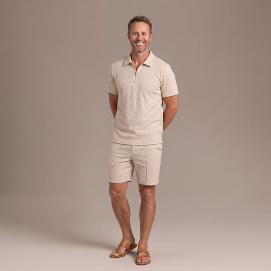 Mens Two-Piece Summer Set with Zip Polo Top and Shorts in Beige