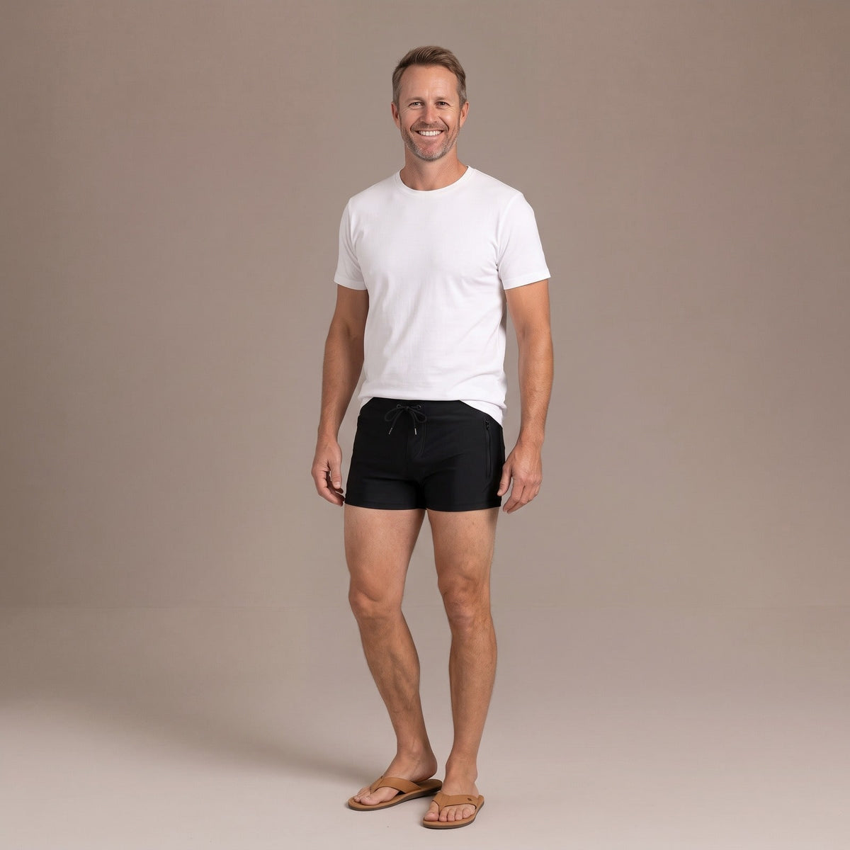 Mens Zipper Boxer Swim Shorts with Drawstring in Black