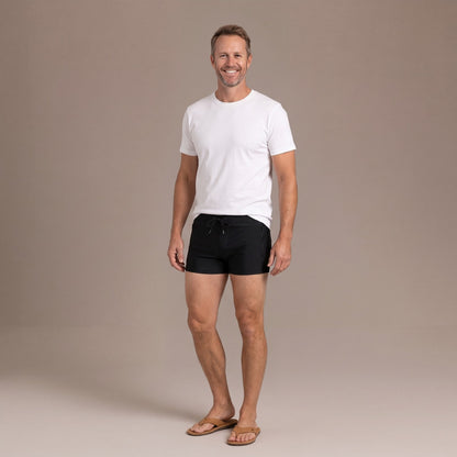 Mens Zipper Boxer Swim Shorts with Drawstring in Black