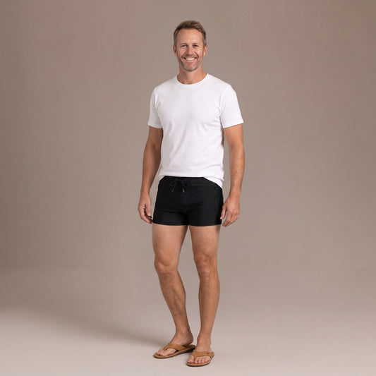 Mens Zipper Boxer Swim Shorts with Drawstring in Black