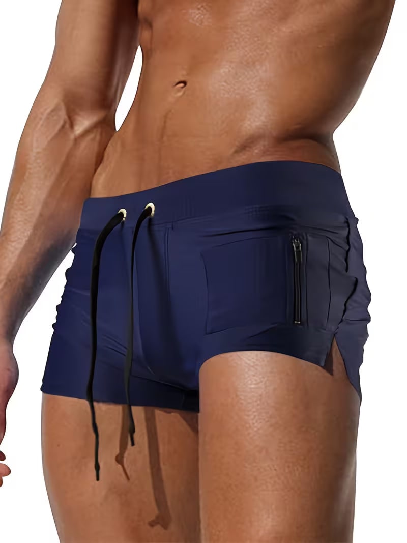 Mens Zipper Boxer Swim Shorts in Navy Blue