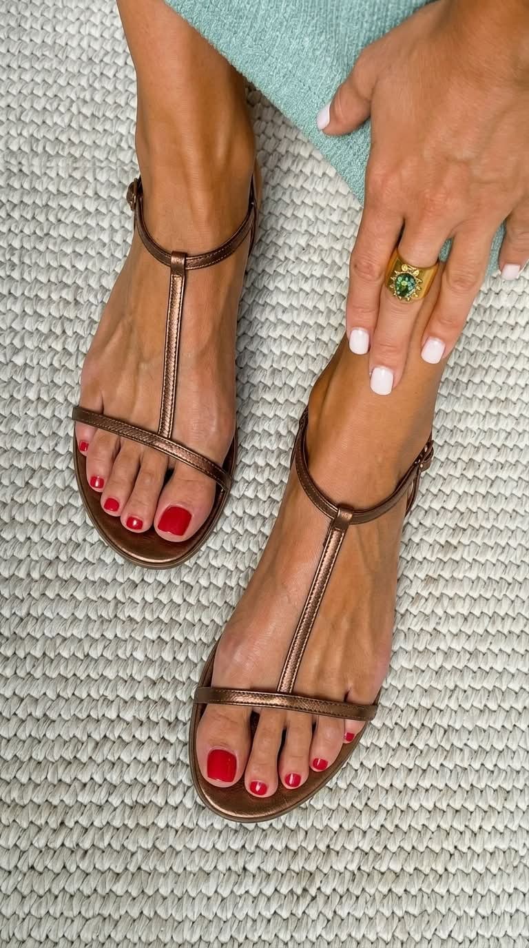 Metallic T Strap Flat Sandals with Buckle Ankle Strap 2