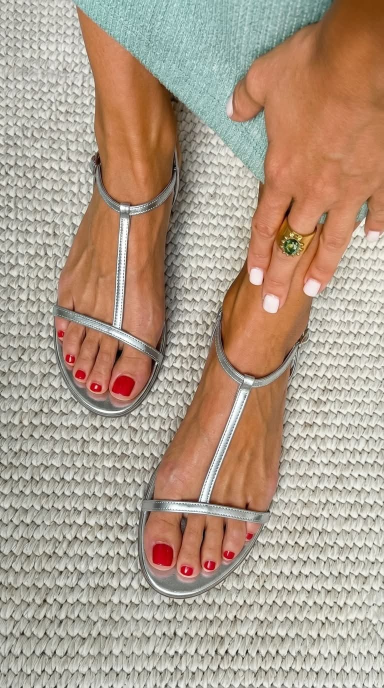 Metallic T Strap Flat Sandals with Buckle Ankle Strap 3