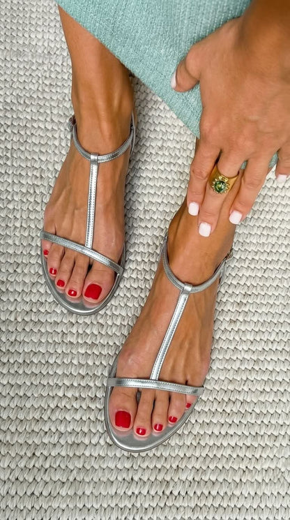 Metallic T Strap Flat Sandals with Buckle Ankle Strap 3