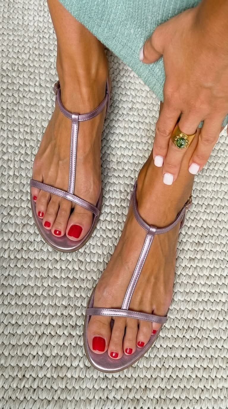 Metallic T Strap Flat Sandals with Buckle Ankle Strap 4