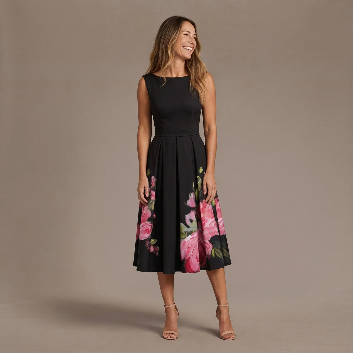 Midi Floral Dress, Flared Sleeveless Dress with Boat Neck and Pleated Rose Print Skirt