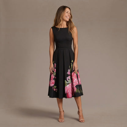 Midi Floral Dress, Flared Sleeveless Dress with Boat Neck and Pleated Rose Print Skirt