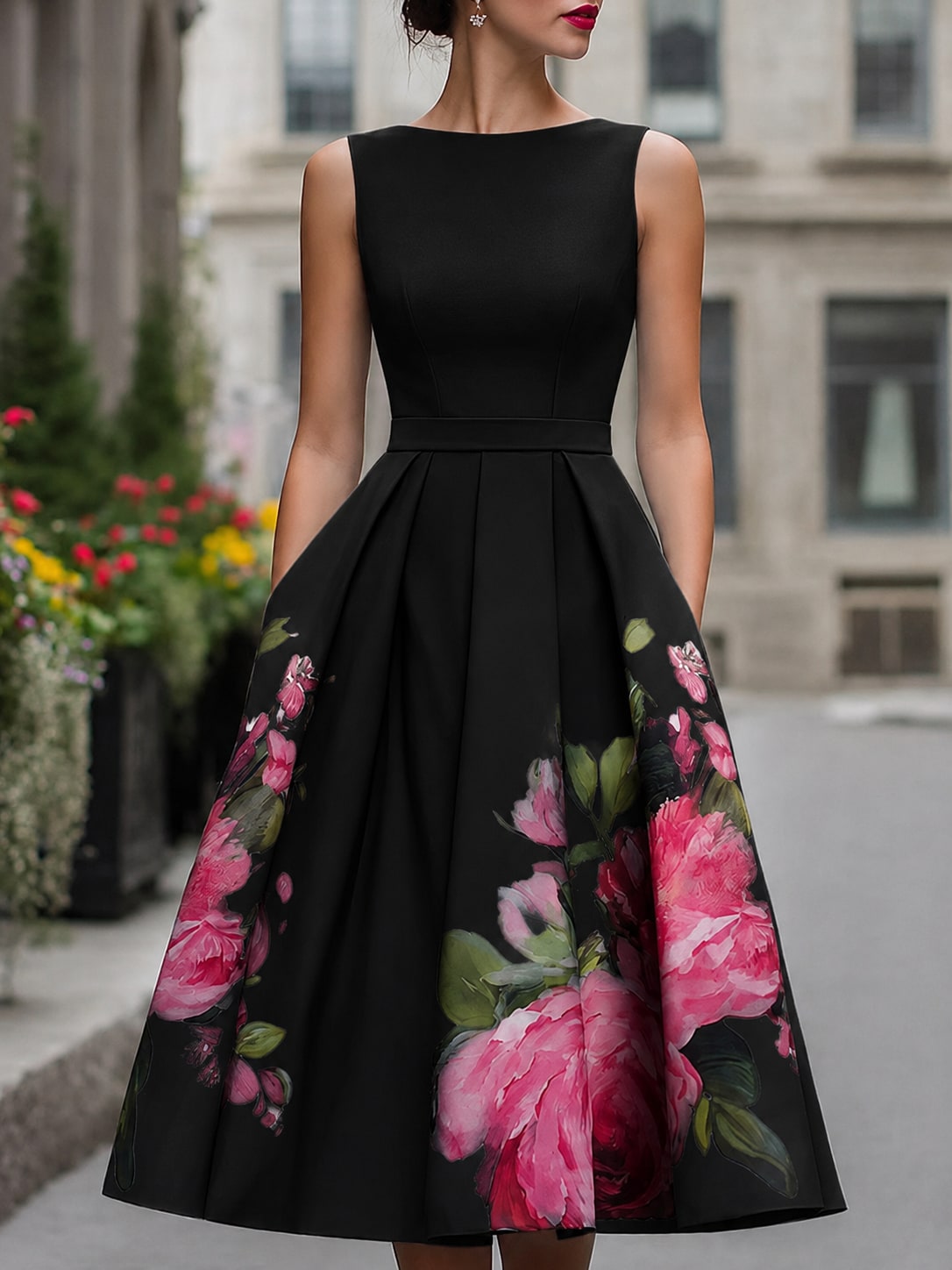 Midi Floral Dress, Flared Sleeveless Dress with Boat Neck 2
