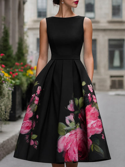 Midi Floral Dress, Flared Sleeveless Dress with Boat Neck 2