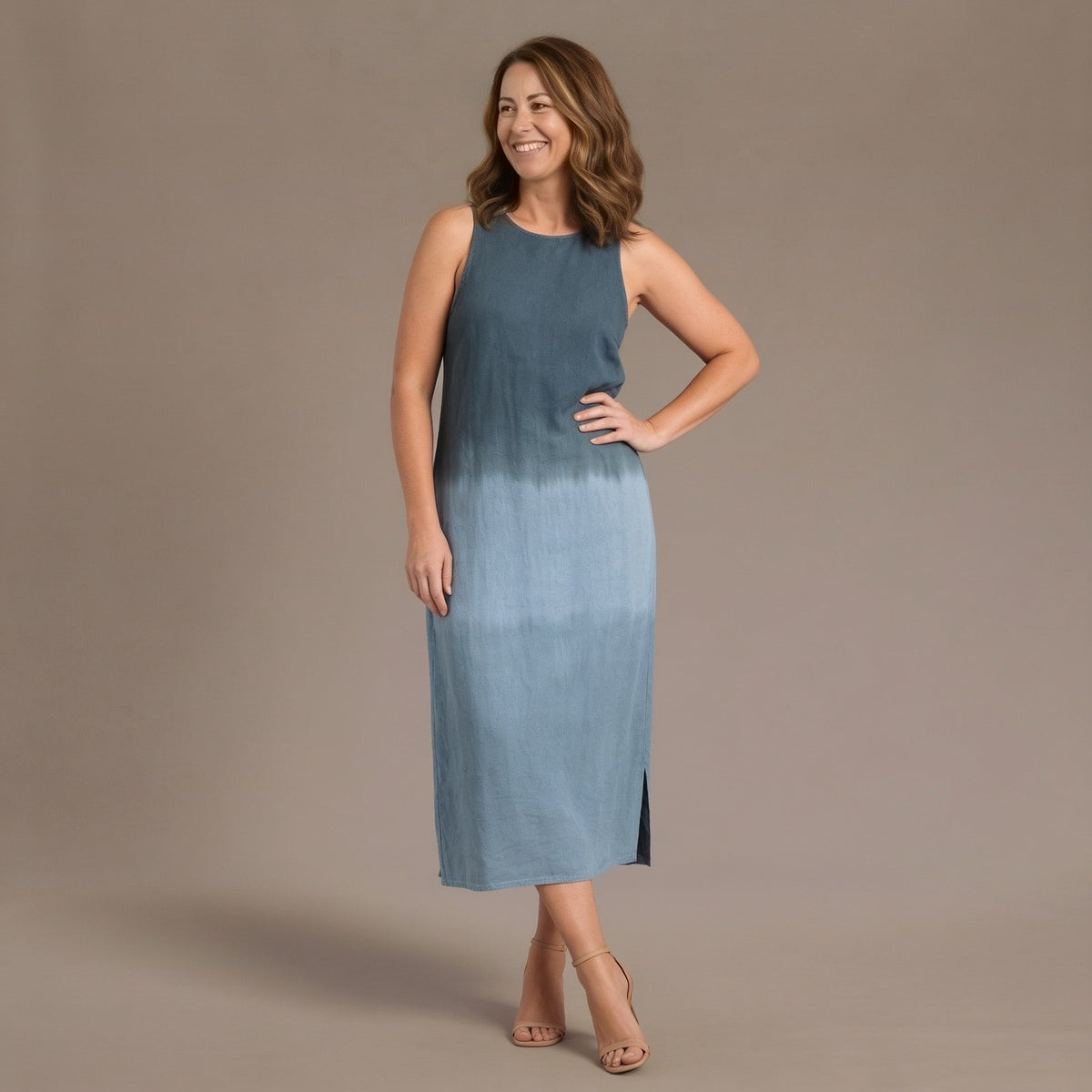 Midi Summer Dress, Sleeveless Gradient Tank Midi Dress Plus Size with Side Slit