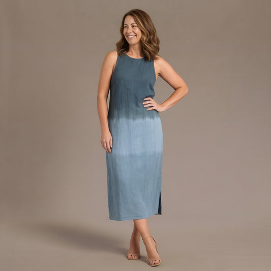 Midi Summer Dress, Sleeveless Gradient Tank Midi Dress Plus Size with Side Slit