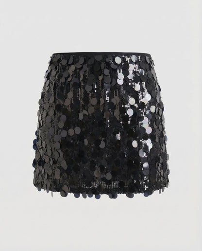 Black sequin mini skirt with large round sequin discs