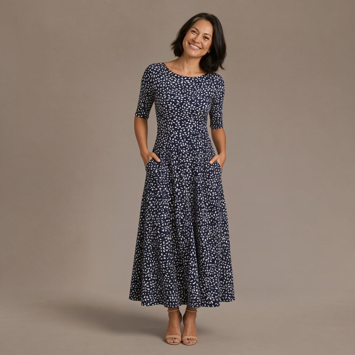Printed Maxi Dress, Navy Print Fit and Flare Dress with Pockets and Elbow Sleeves