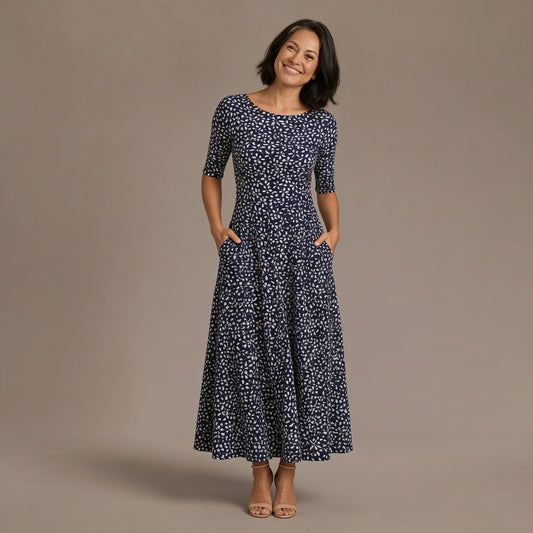 Printed Maxi Dress, Navy Print Fit and Flare Dress with Pockets and Elbow Sleeves