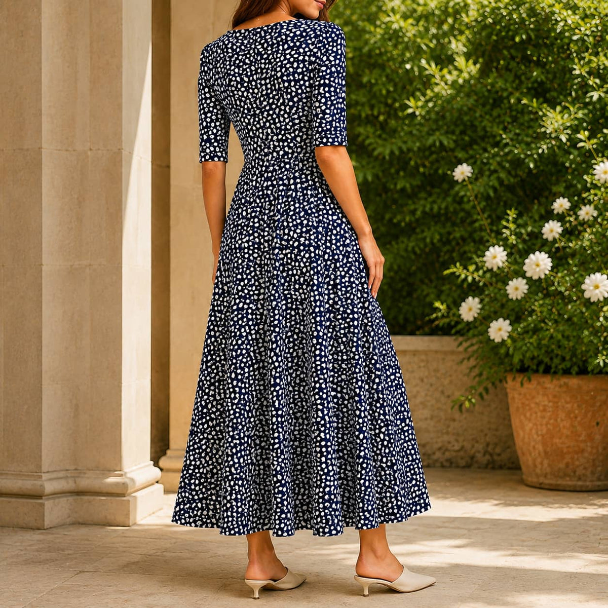 Navy Print Maxi Dress with Pockets and Elbow Sleeves 2