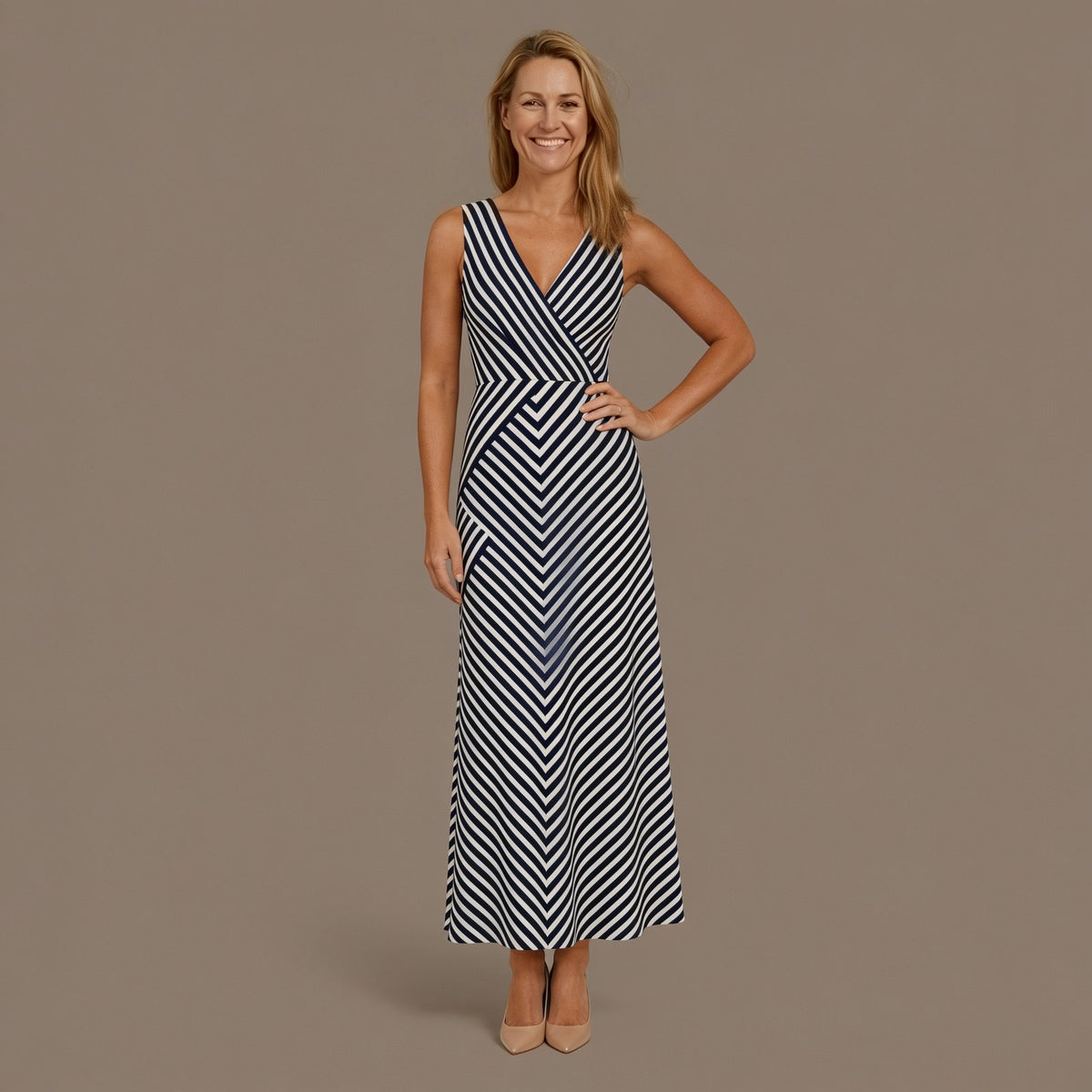Navy Stripe Sleeveless Midi Dress