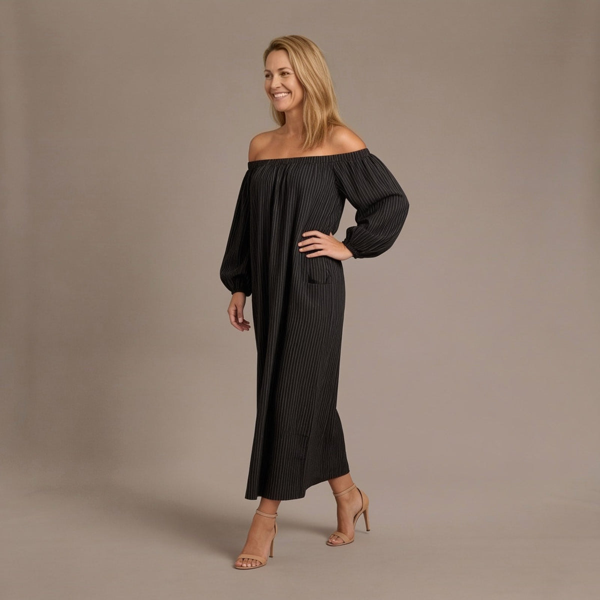 Off Shoulder Dress, Relaxed Pinstripe Maxi Dress with Long Gathered Sleeves and Side Pockets