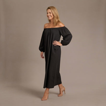 Off Shoulder Dress, Relaxed Pinstripe Maxi Dress with Long Gathered Sleeves and Side Pockets